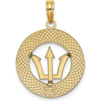 14K Yellow Gold Barbados Circle Pendant with Textured Finish and Trident Symbol by Oro Pregiato