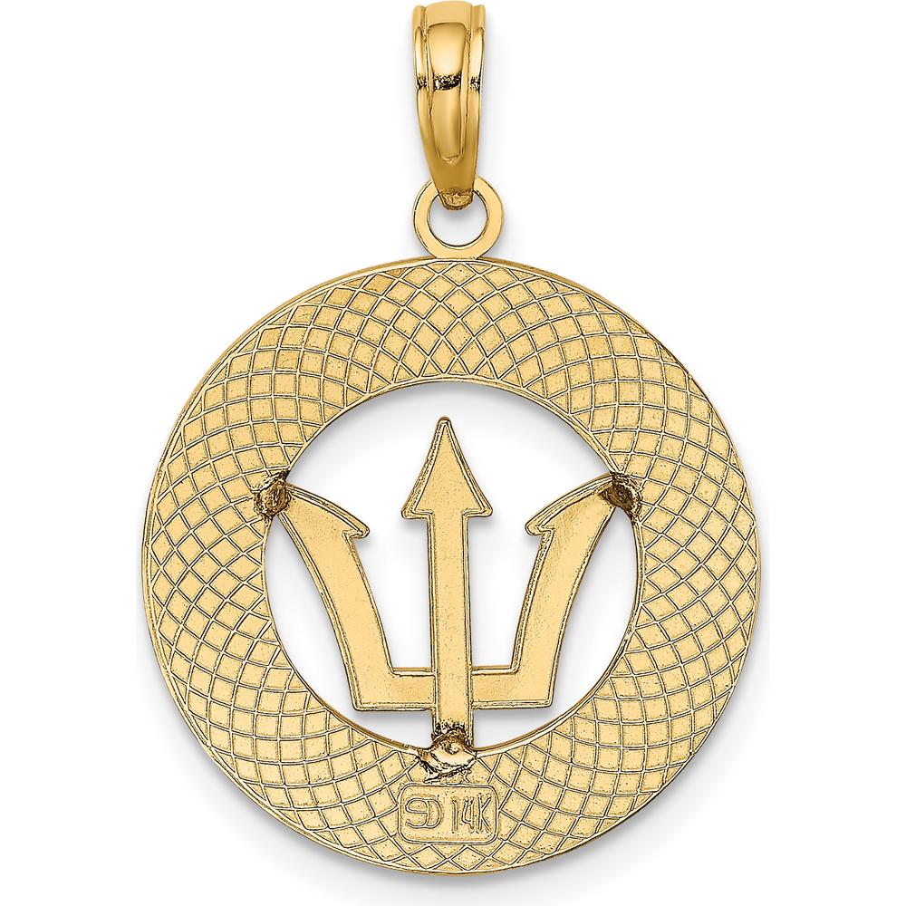 14K Yellow Gold Barbados Circle Pendant with Textured Finish and Trident Symbol by Oro Pregiato