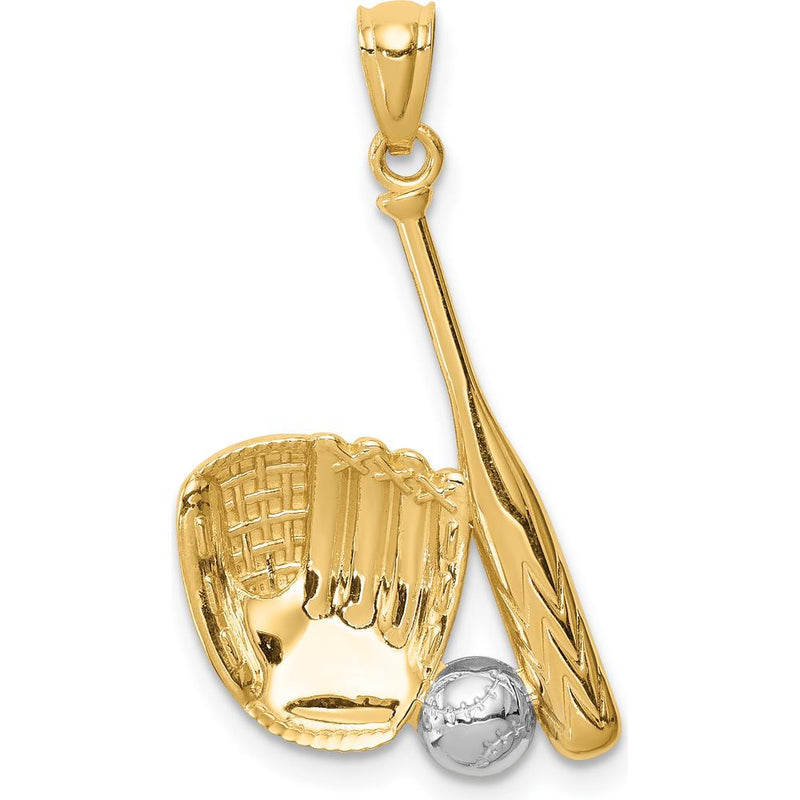 14K Yellow Gold Baseball Glove, Bat & Ball Pendant with Rhodium Accents by Oro Pregiato