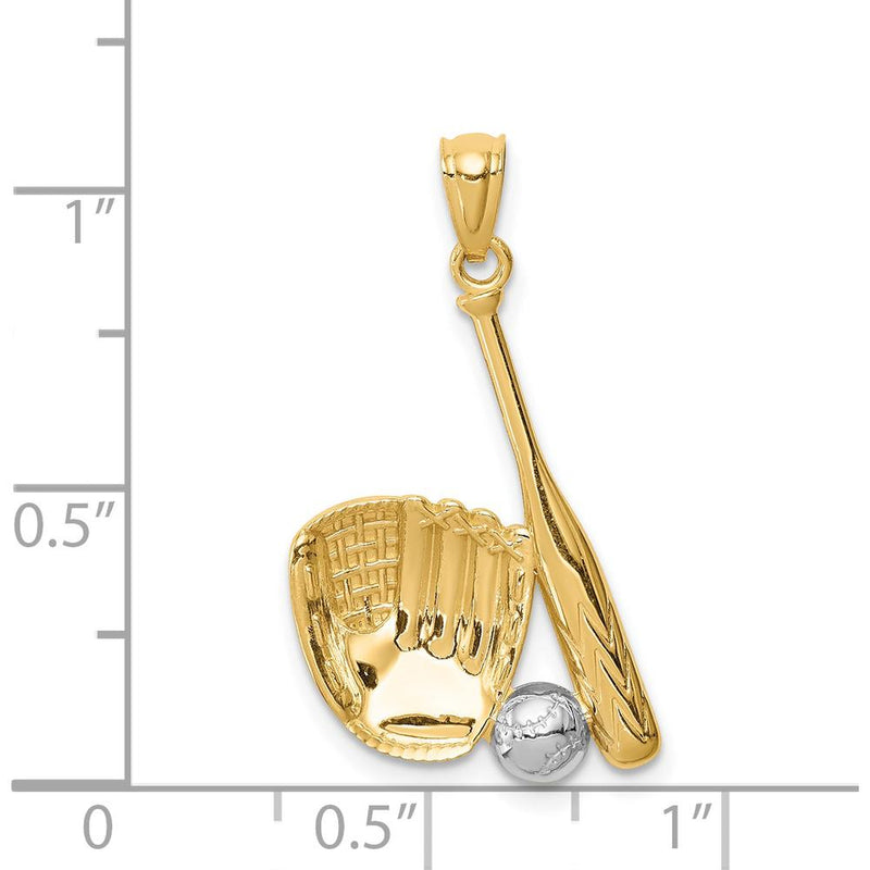 14K Yellow Gold Baseball Glove, Bat & Ball Pendant with Rhodium Accents by Oro Pregiato