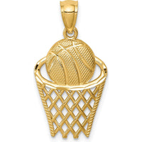 14K Yellow Gold Basketball in Hoop Pendant - Textured Gold Design by Oro Pregiato
