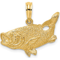 14K Yellow Gold Bass Fish Pendant with Polished Textured Finish - 17.5mm Length by Oro Pregiato