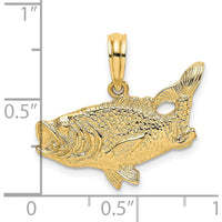 14K Yellow Gold Bass Fish Pendant with Polished Textured Finish - 17.5mm Length by Oro Pregiato