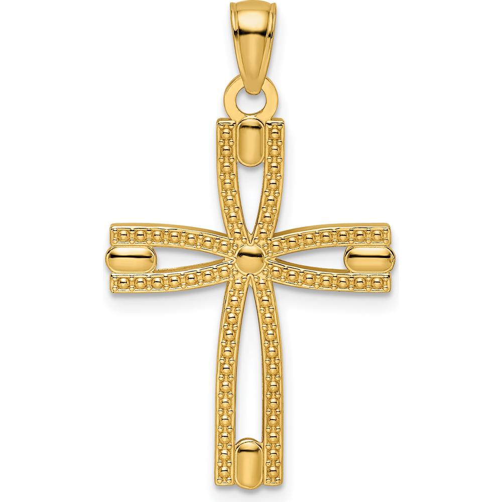 14K Yellow Gold Beaded and Polished Cross Pendant - 33.24mm Length by Oro Pregiato
