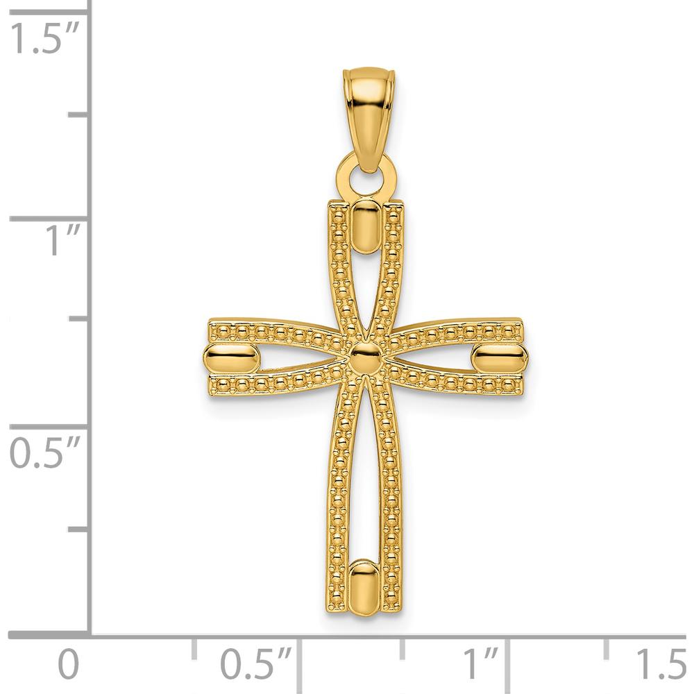 14K Yellow Gold Beaded and Polished Cross Pendant - 33.24mm Length by Oro Pregiato