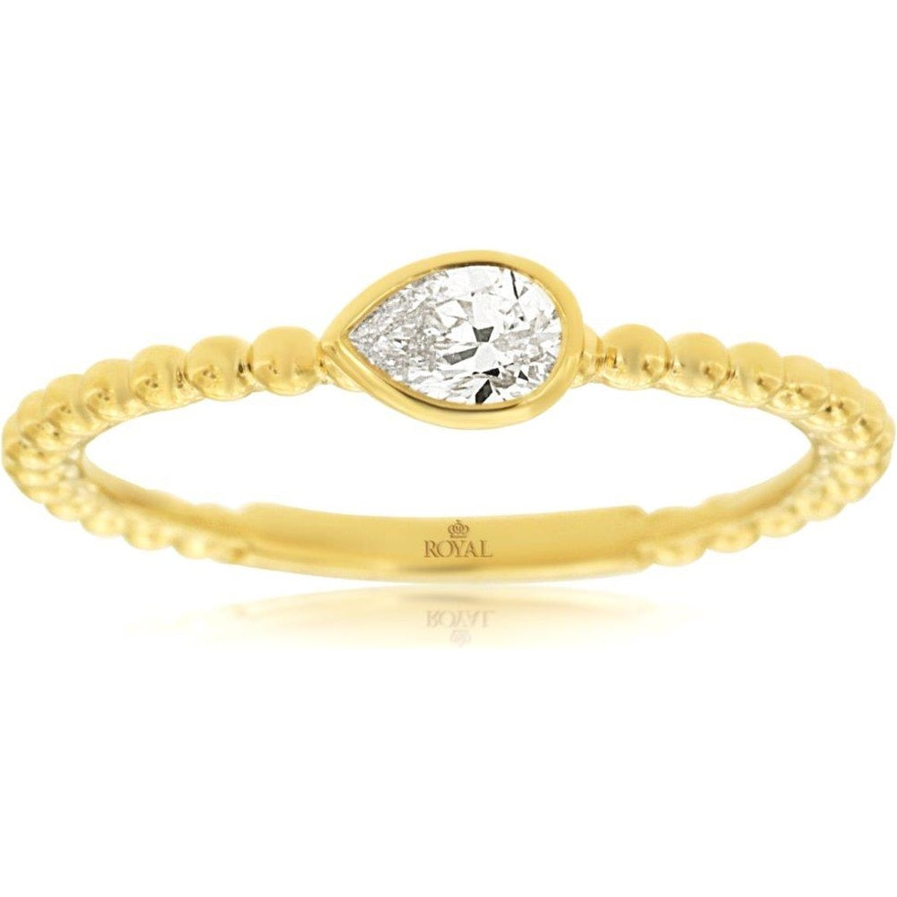 14K Yellow Gold Beaded Band Ring with Bezel-Set Pear Shaped Diamond - 0.21 Carat Total Diamond Weight - Royal Jewelry