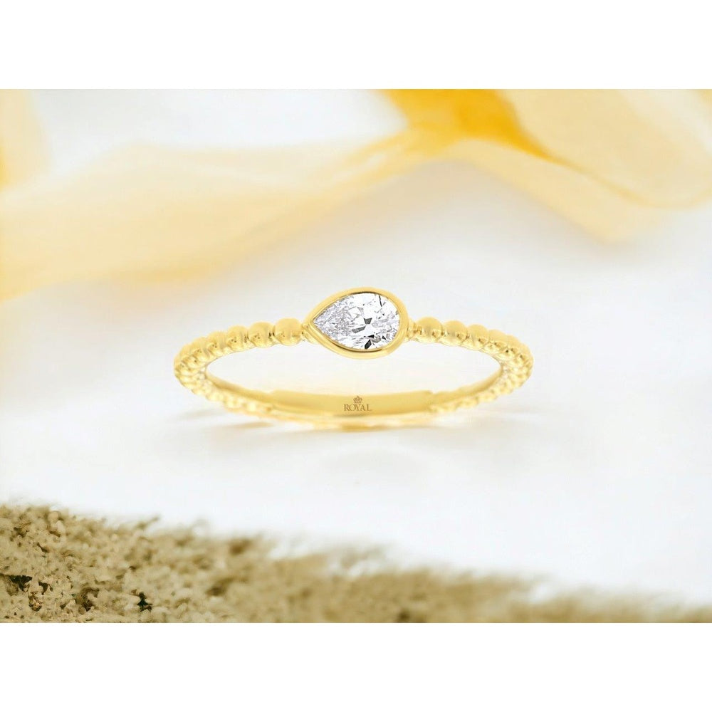 14K Yellow Gold Beaded Band Ring with Bezel-Set Pear Shaped Diamond - 0.21 Carat Total Diamond Weight - Royal Jewelry