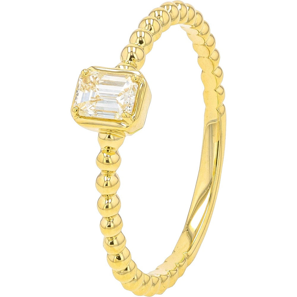14K Yellow Gold Beaded Band Ring with Emerald Cut Diamond - 0.26 Carat Total Diamond Weight