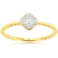 14K Yellow Gold Beaded Band Ring with Four-Leaf Clover Diamond Cluster - 0.10 Carat Total Diamond Weight - Royal Jewelry