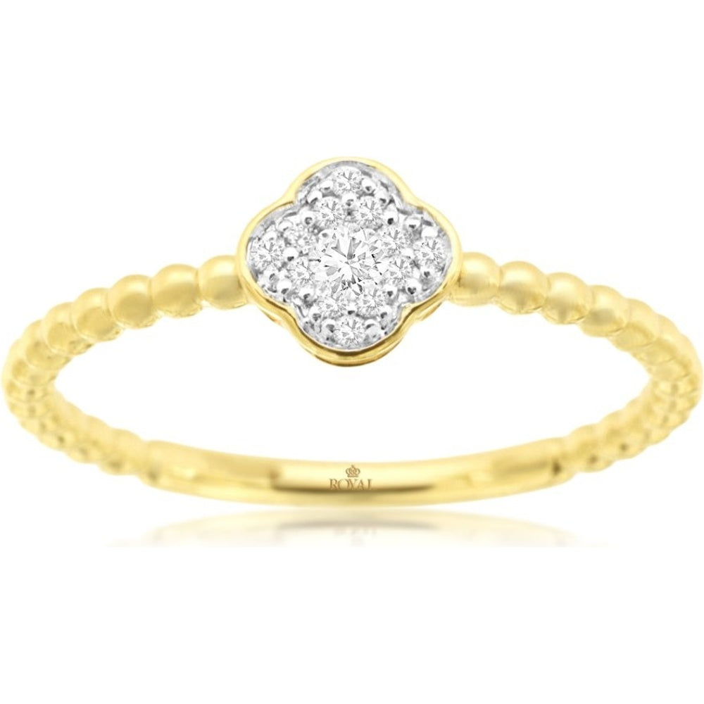 14K Yellow Gold Beaded Band Ring with Four-Leaf Clover Diamond Cluster - 0.10 Carat Total Diamond Weight - Royal Jewelry