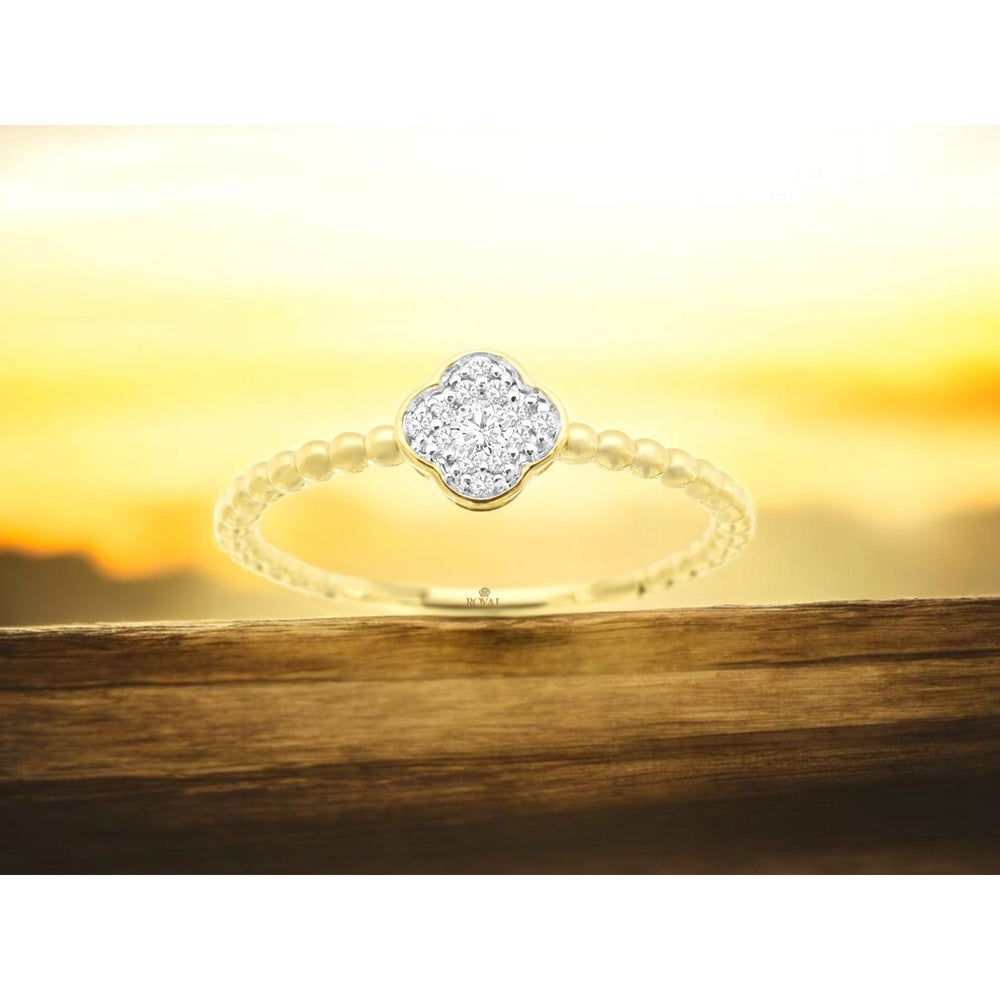 14K Yellow Gold Beaded Band Ring with Four-Leaf Clover Diamond Cluster - 0.10 Carat Total Diamond Weight - Royal Jewelry