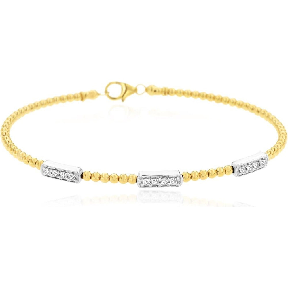 14K Yellow Gold Beaded Bangle Bracelet with Diamond Station Accents - 0.25 Carat Total Diamond Weight - Royal Jewelry