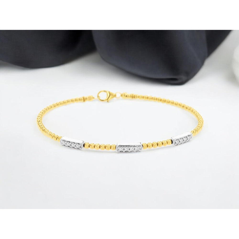 14K Yellow Gold Beaded Bangle Bracelet with Diamond Station Accents - 0.25 Carat Total Diamond Weight - Royal Jewelry
