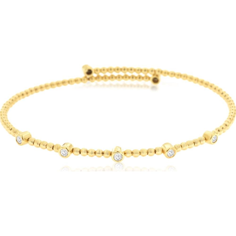 14K Yellow Gold Beaded Bangle Bracelet with Round Diamond Stations - 0.22 Carat Total Diamond Weight - Royal Jewelry