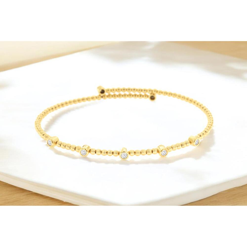 14K Yellow Gold Beaded Bangle Bracelet with Round Diamond Stations - 0.22 Carat Total Diamond Weight - Royal Jewelry