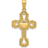 14K Yellow Gold Beaded Cross Pendant with Heart - Faith and Love Symbol by Oro Pregiato