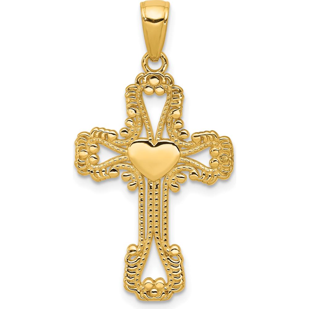 14K Yellow Gold Beaded Cross Pendant with Heart - Faith and Love Symbol by Oro Pregiato