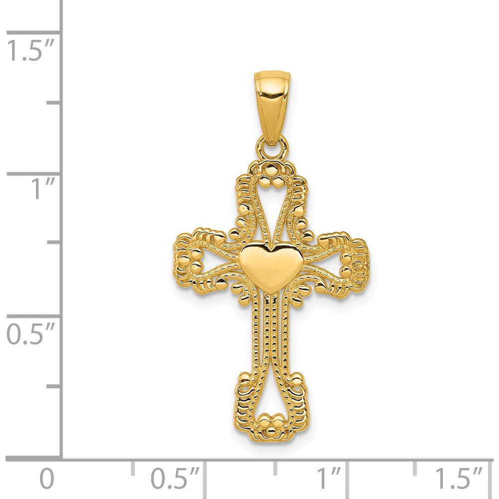 14K Yellow Gold Beaded Cross Pendant with Heart - Faith and Love Symbol by Oro Pregiato