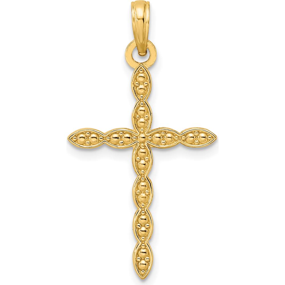 14K Yellow Gold Beaded Cross Pendant with Polished Finish - 34.75mm Length by Oro Pregiato