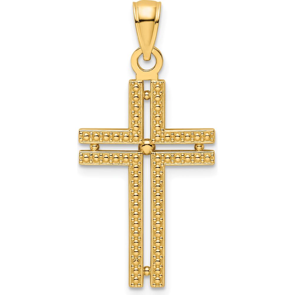 14K Yellow Gold Beaded Cross Pendant with Polished Finish - 34.8mm Length by Oro Pregiato