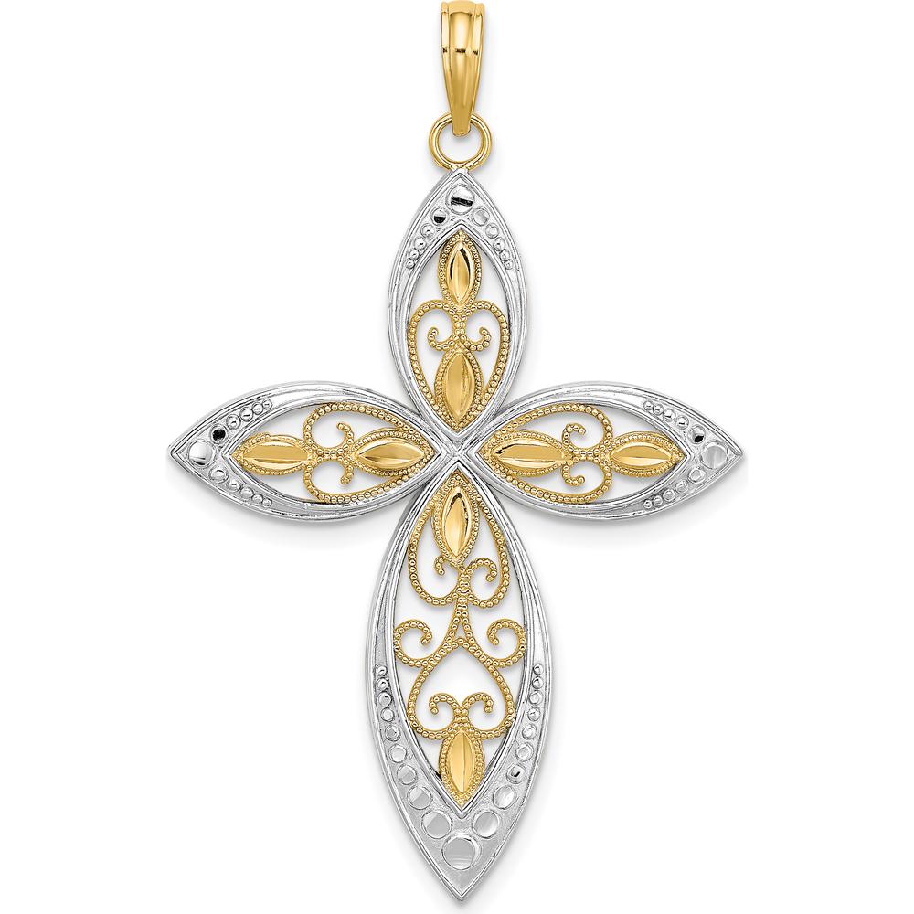 14K Yellow Gold Beaded Filigree Cross Pendant with Rhodium Accents - 37.3mm Length by Oro Pregiato