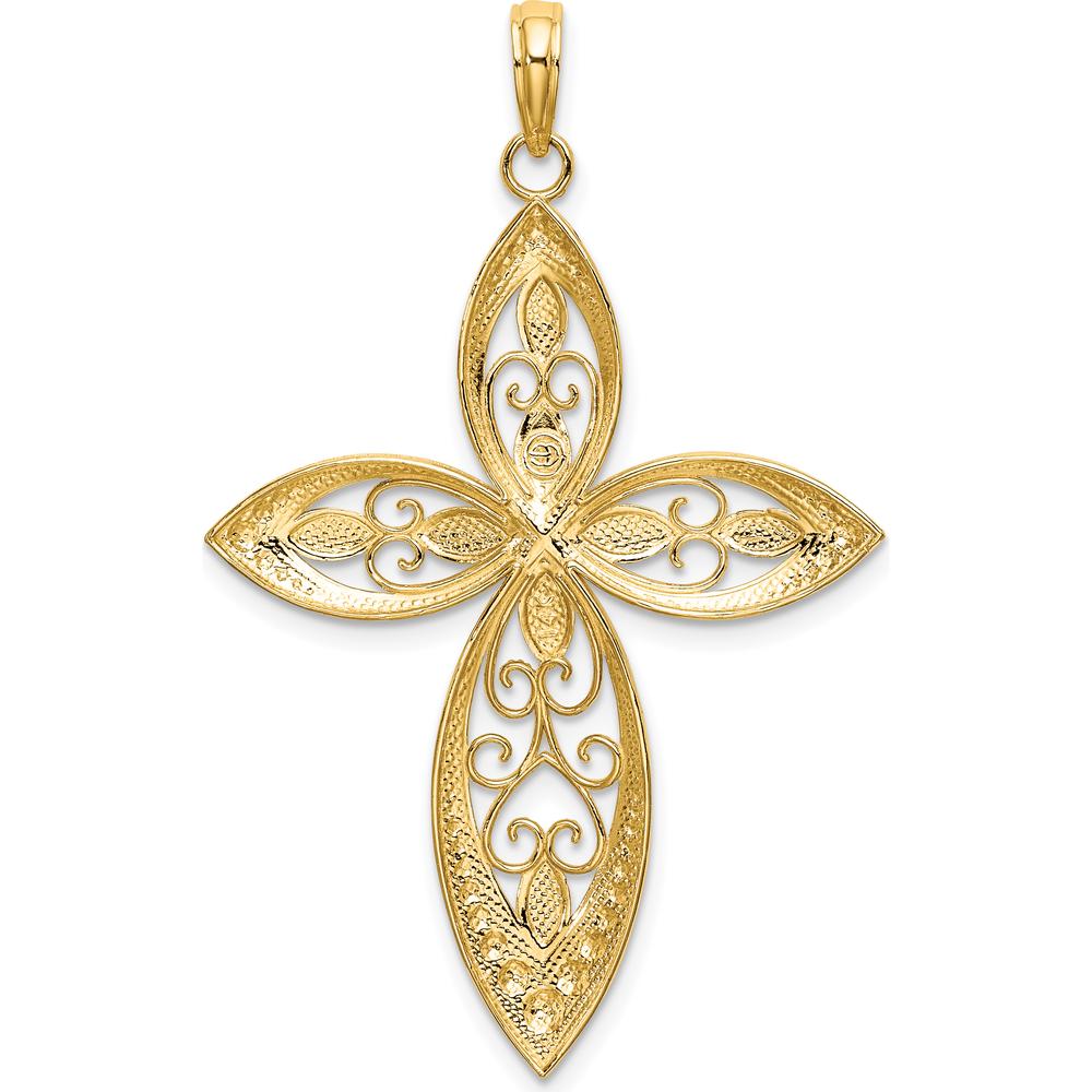 14K Yellow Gold Beaded Filigree Cross Pendant with Rhodium Accents - 37.3mm Length by Oro Pregiato