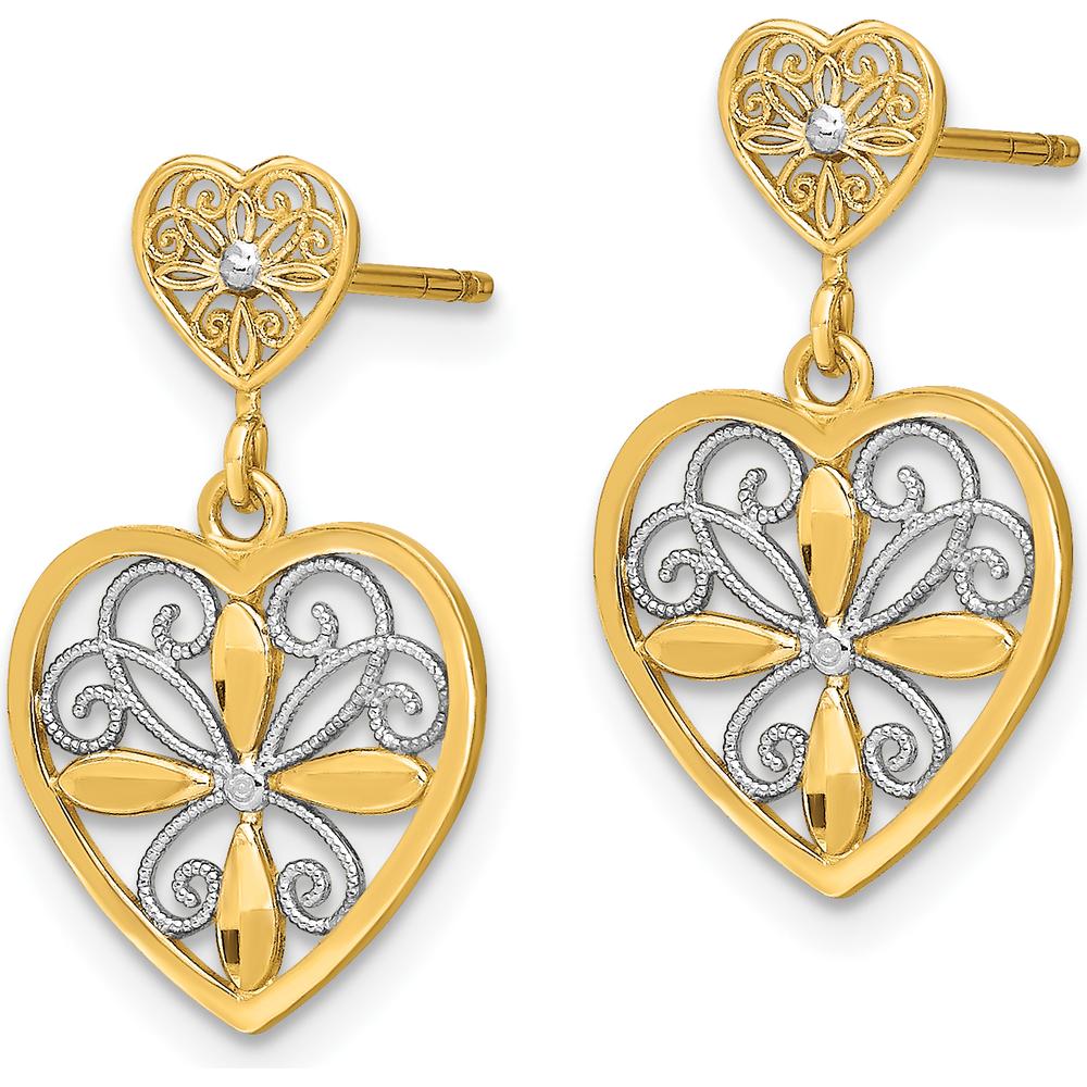 14K Yellow Gold Beaded Filigree Heart Drop Earrings with Diamond Accents - 1 Carat Total Diamond Weight by 0