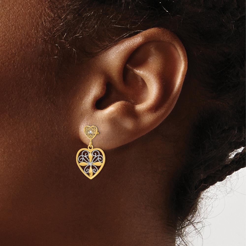 14K Yellow Gold Beaded Filigree Heart Drop Earrings with Diamond Accents - 1 Carat Total Diamond Weight by 0