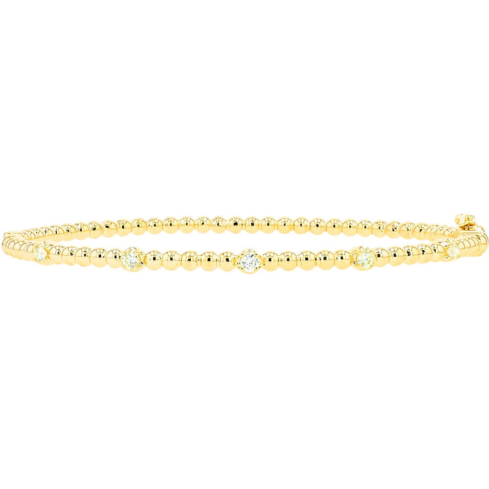 14K Yellow Gold Beaded Hinged Bangle Bracelet with Round Diamonds - 0.30 Carat Total Diamond Weight
