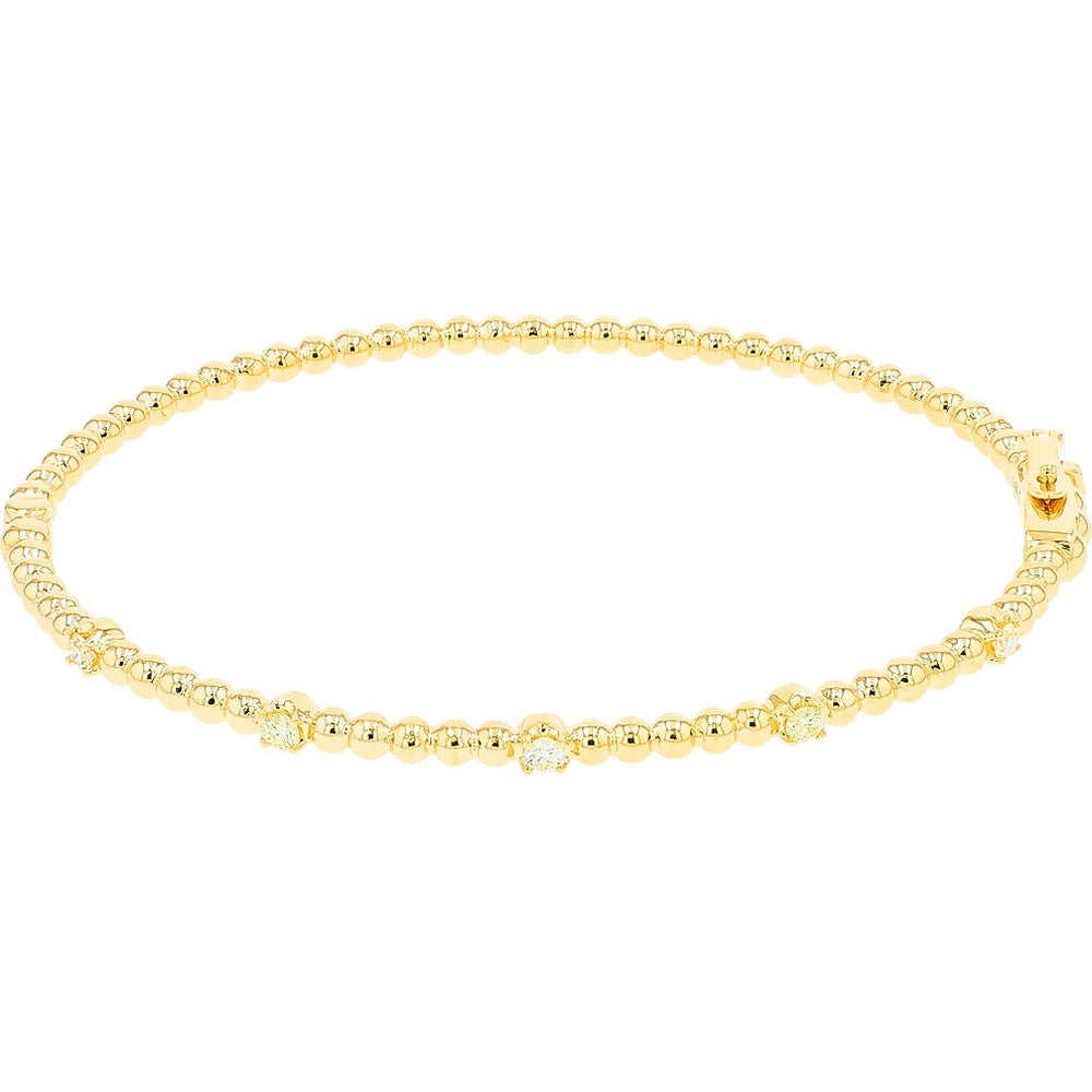 14K Yellow Gold Beaded Hinged Bangle Bracelet with Round Diamonds - 0.30 Carat Total Diamond Weight