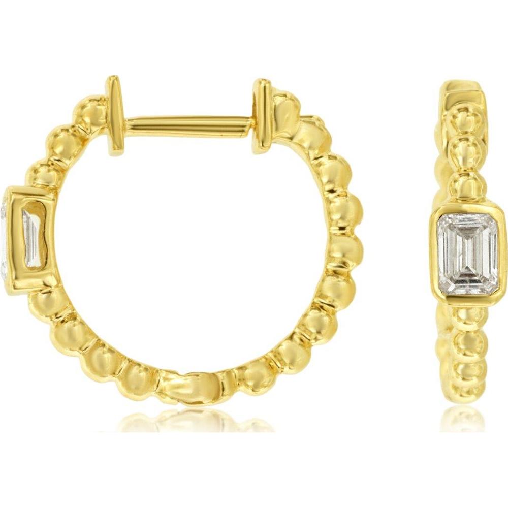 14K Yellow Gold Beaded Huggie Hoop Earrings with Bezel Set Emerald Cut Diamonds – 0.31 Carat Total Diamond Weight - Royal Jewelry