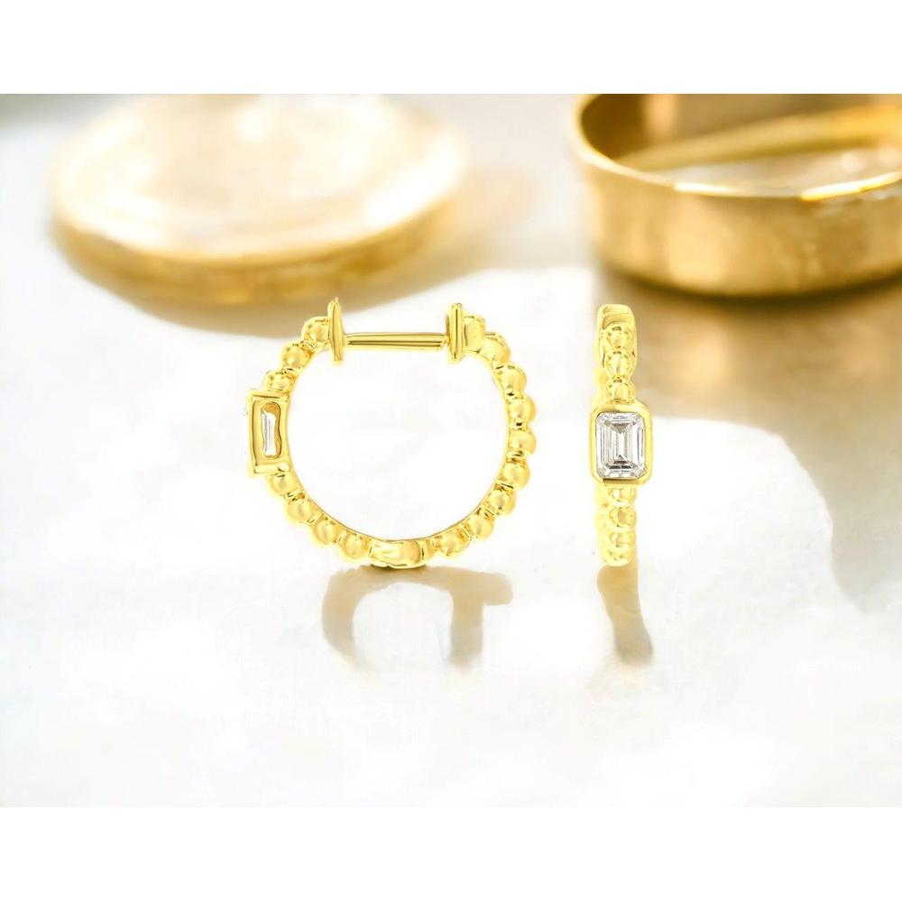 14K Yellow Gold Beaded Huggie Hoop Earrings with Bezel Set Emerald Cut Diamonds – 0.31 Carat Total Diamond Weight - Royal Jewelry