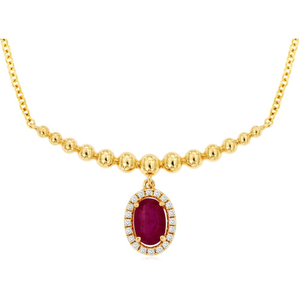 14K Yellow Gold Beaded Pendant Necklace with Oval Ruby and Diamond Halo - 0.55 Carat Ruby & 0.08 Carat Total Diamond Weight - Royal Jewelry