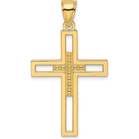 14K Yellow Gold Beaded Polished Double Cross Pendant - Elegant Spiritual Necklace by Oro Pregiato