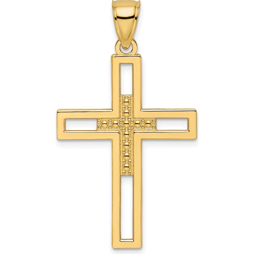 14K Yellow Gold Beaded Polished Double Cross Pendant - Elegant Spiritual Necklace by Oro Pregiato