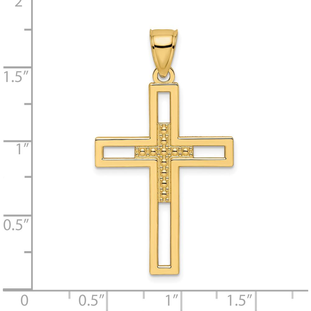 14K Yellow Gold Beaded Polished Double Cross Pendant - Elegant Spiritual Necklace by Oro Pregiato