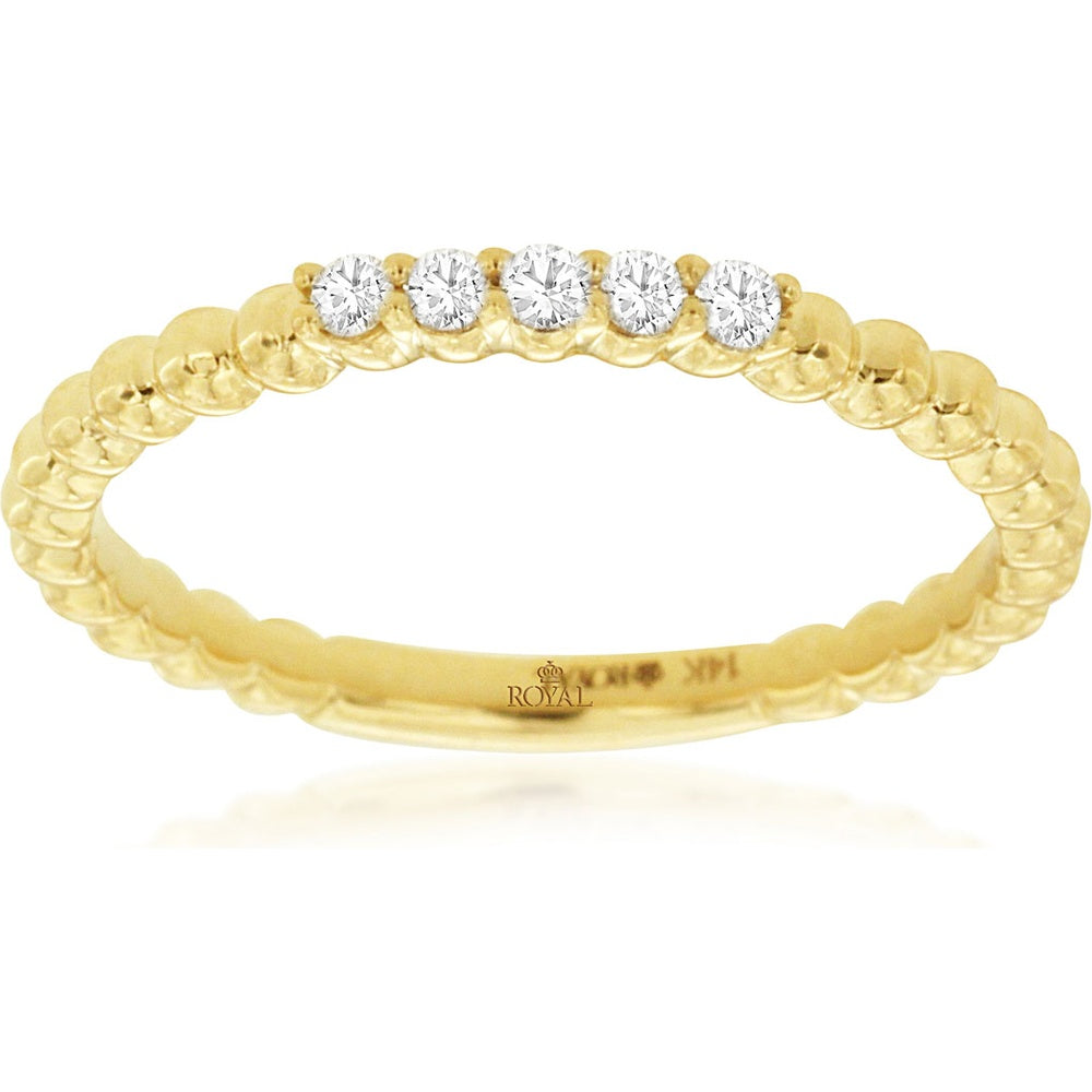 14K Yellow Gold Beaded Scallop Band with 5 Prong-Set Round Diamonds - 0.11 Carat Total Diamond Weight - Royal Jewelry