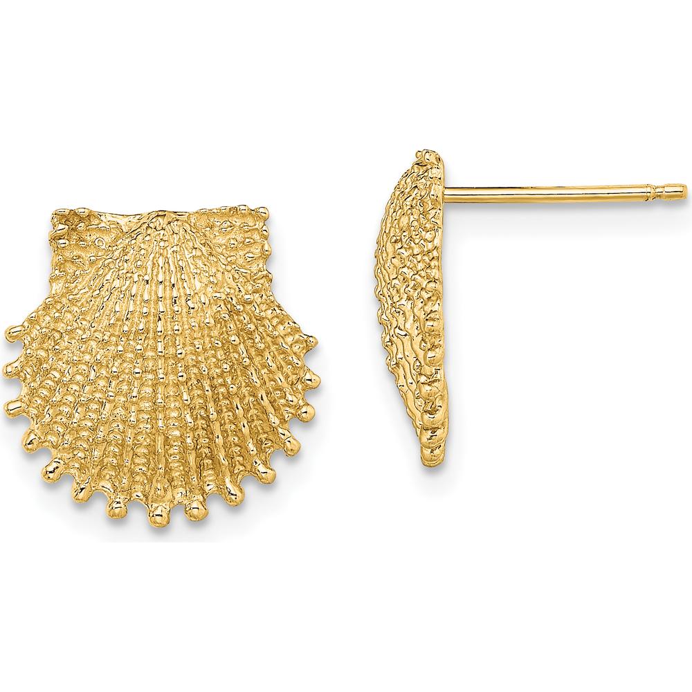 14K Yellow Gold Beaded Scallop Shell Button Earrings - 13.4mm Diameter by 0