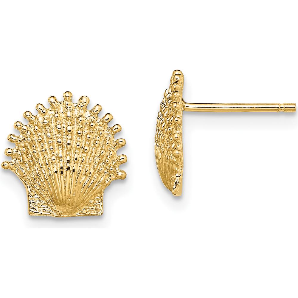 14K Yellow Gold Beaded Scallop Shell Button Earrings - Elegant Ocean-Inspired Design by 0