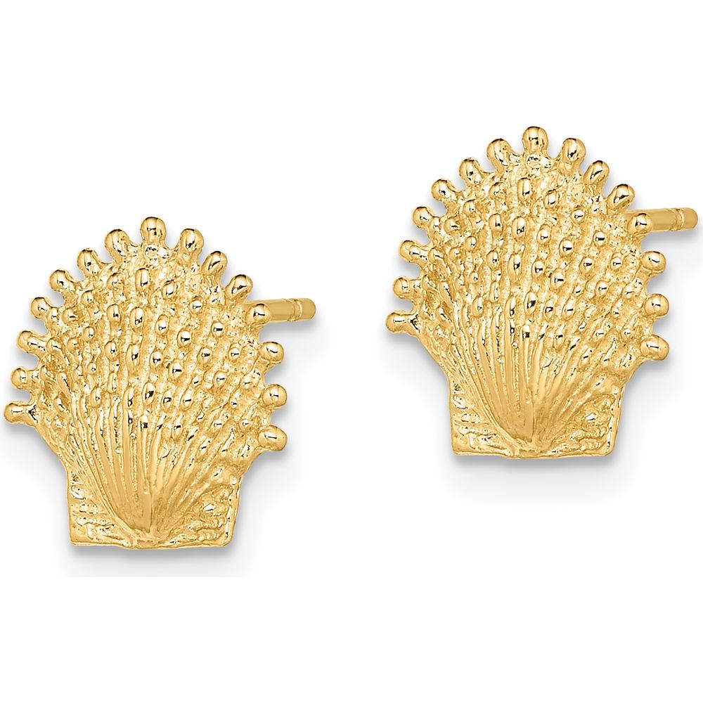 14K Yellow Gold Beaded Scallop Shell Button Earrings - Elegant Ocean-Inspired Design by 0