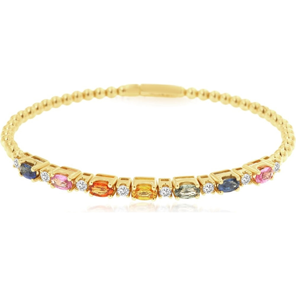 14K Yellow Gold Beaded Station Bracelet with Oval Mixed Color Sapphires and Round Diamonds - 2.25 Carat Total Sapphire Weight and 0.45 Carat Total Diamond Weight - Royal Jewelry