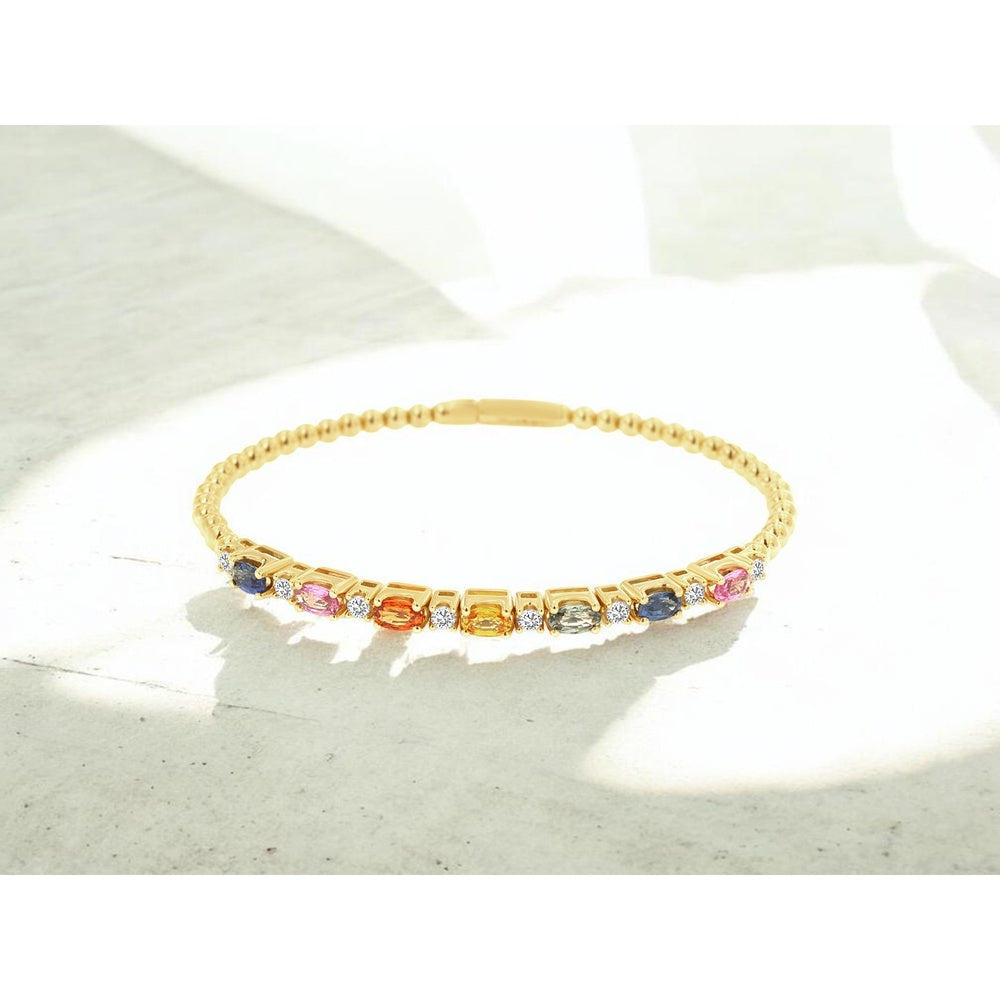 14K Yellow Gold Beaded Station Bracelet with Oval Mixed Color Sapphires and Round Diamonds - 2.25 Carat Total Sapphire Weight and 0.45 Carat Total Diamond Weight - Royal Jewelry