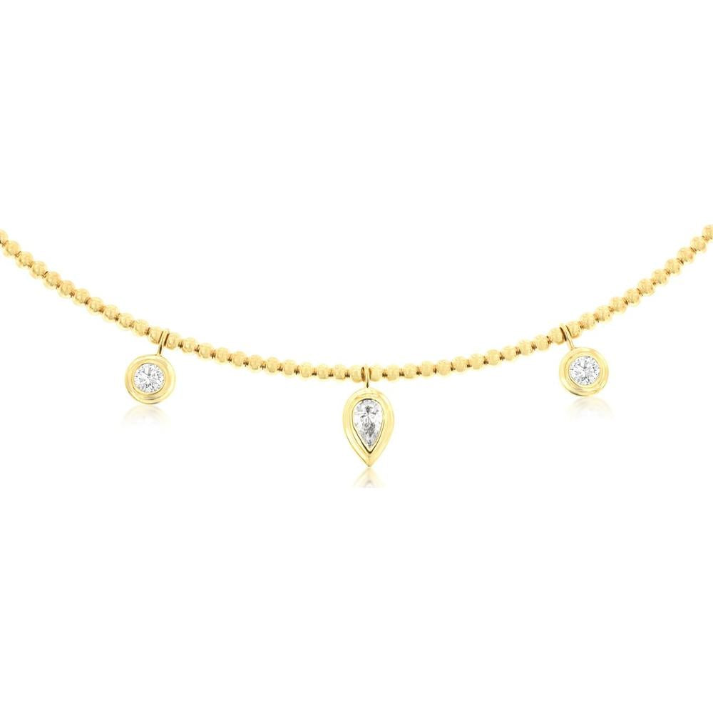 14K Yellow Gold Beaded Station Necklace with Pear-Shaped and Round Bezel-Set Diamonds - 0.45 Carat Center Diamond Weight - Royal Jewelry