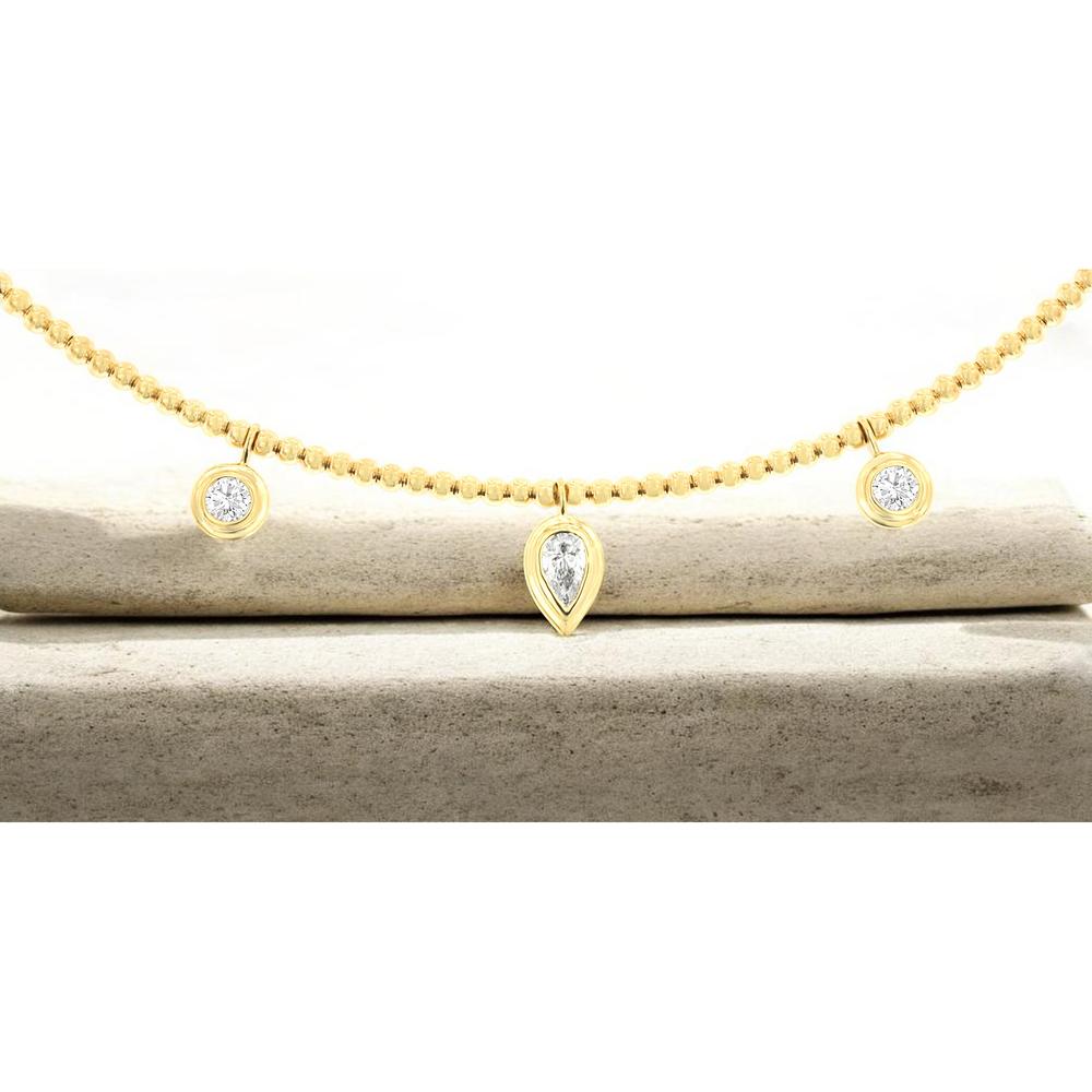 14K Yellow Gold Beaded Station Necklace with Pear-Shaped and Round Bezel-Set Diamonds - 0.45 Carat Center Diamond Weight - Royal Jewelry