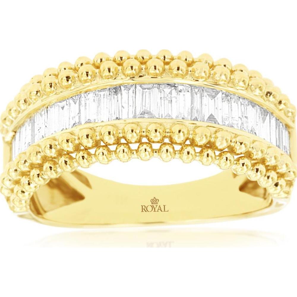 14K Yellow Gold Beaded Wedding Band with Baguette Diamonds - 0.44 Carat Total Diamond Weight - Royal Jewelry