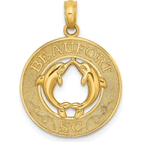 14K Yellow Gold Beaufort SC Circle Pendant with Dolphins and Textured Frame by Oro Pregiato