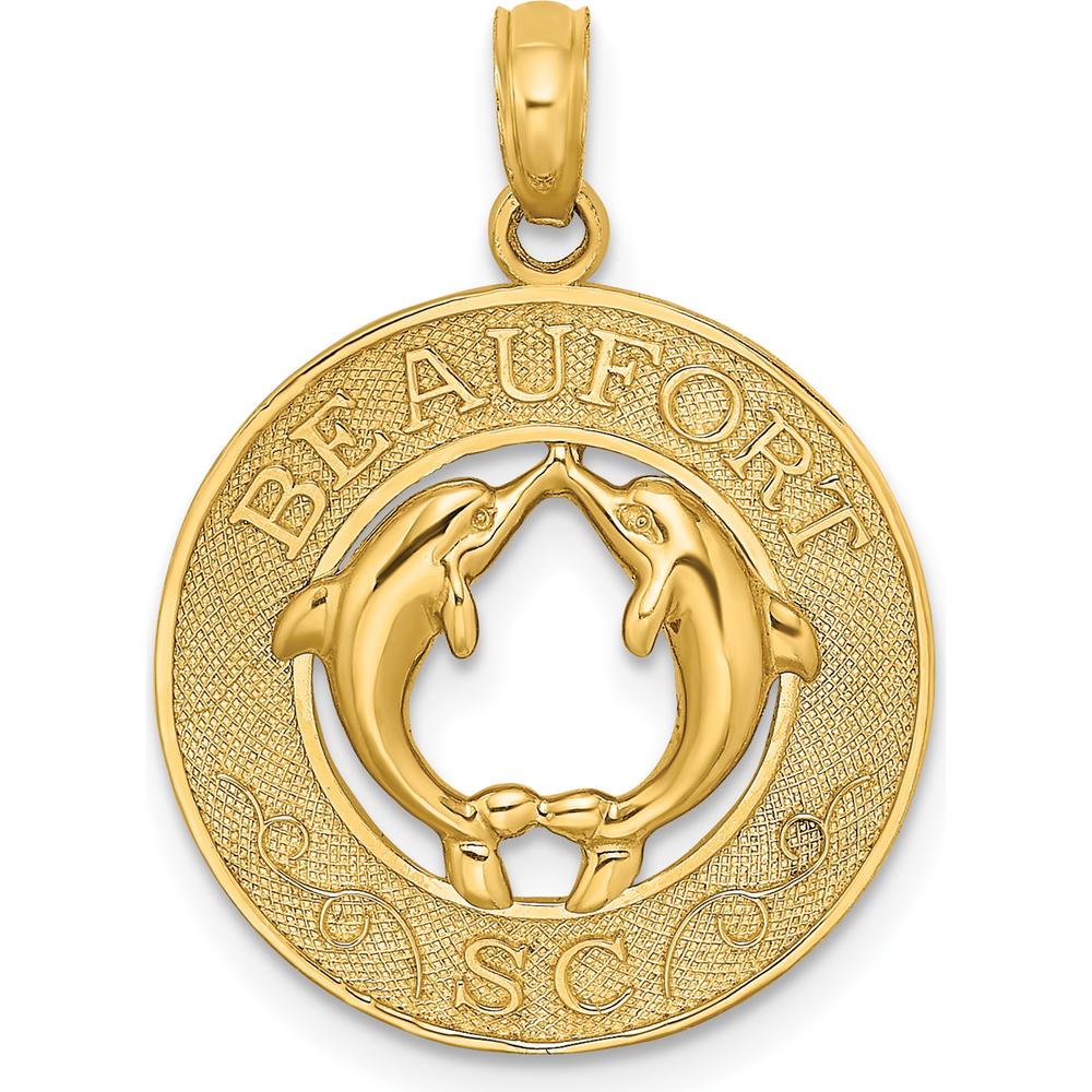 14K Yellow Gold Beaufort SC Circle Pendant with Dolphins and Textured Frame by Oro Pregiato