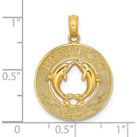 14K Yellow Gold Beaufort SC Circle Pendant with Dolphins and Textured Frame by Oro Pregiato