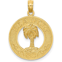 14K Yellow Gold Beaufort South Carolina Palm Tree Pendant with Textured Round Frame by Oro Pregiato