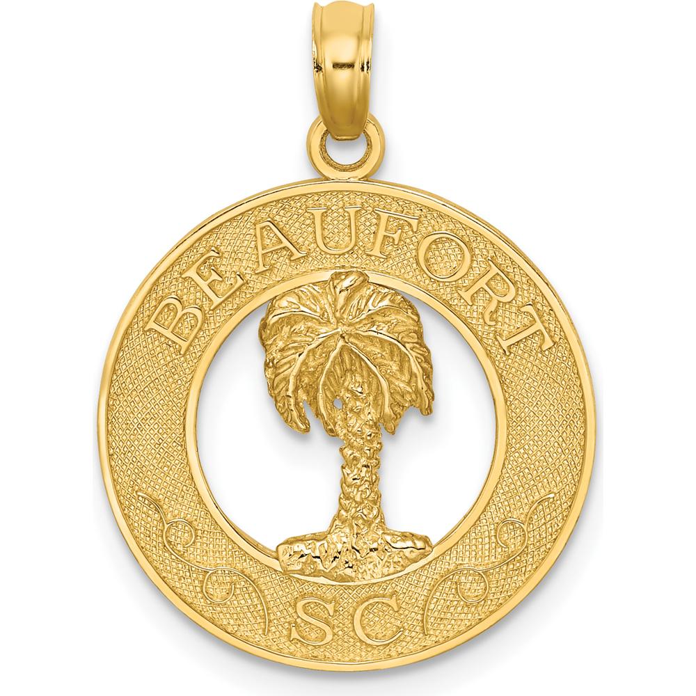 14K Yellow Gold Beaufort South Carolina Palm Tree Pendant with Textured Round Frame by Oro Pregiato